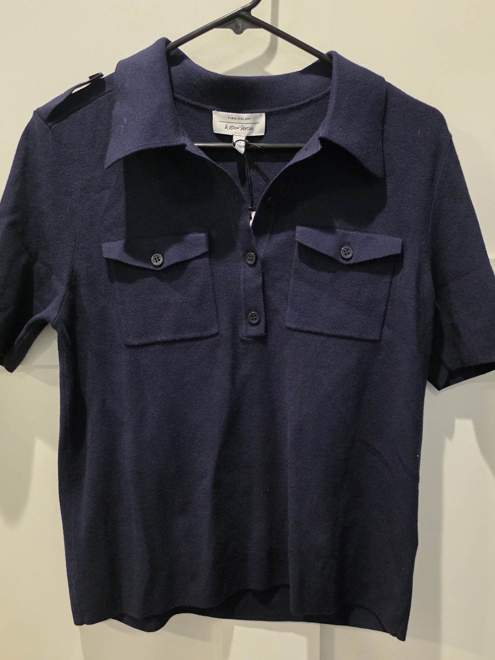 & OTHER STORIES Fitted Uniform Detail Polo Sweater Women's L Navy Paris Atelier - Picture 3 of 15